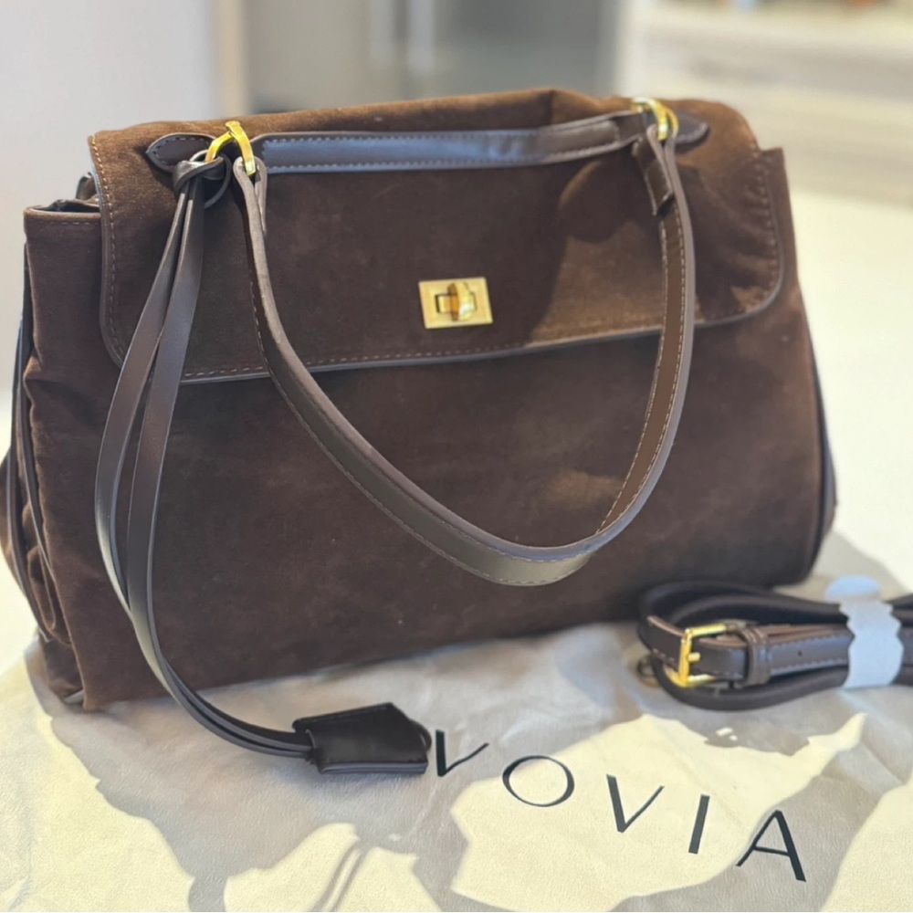 Vovia Dark Brown Suede Satchel with Gold Hardware - Picture 2 of 6